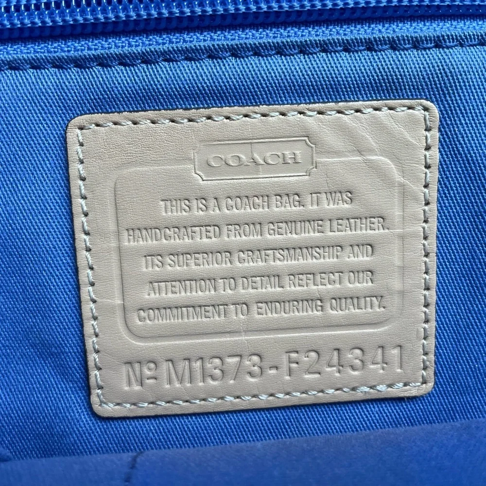 COACH BLUE LEATHER TOTE‎ WITH LIIGHT YELLOW TRIM/HANDLES.  EXCELLENT CONDITION.